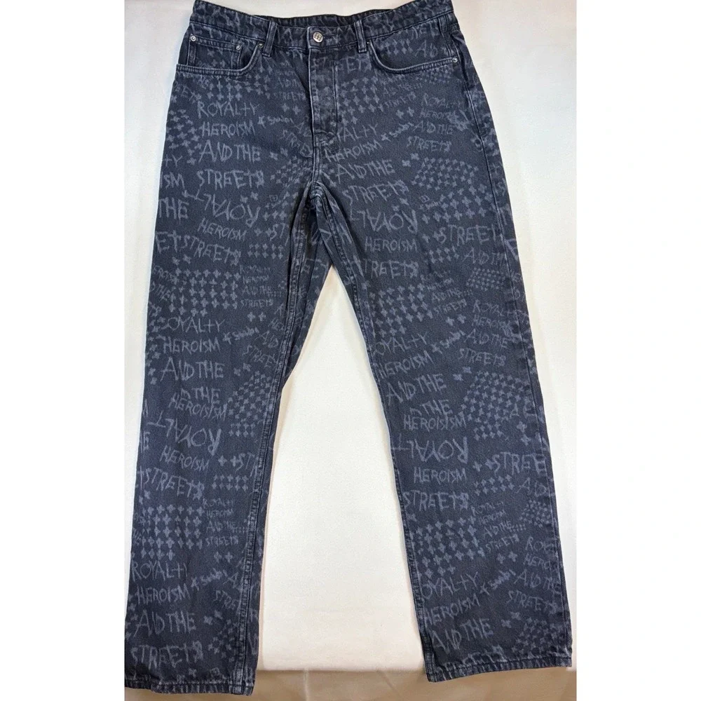 Ksubi Anti K Heroism Jeans Men's 34x30 Black Relaxed All Over Print Gaphic Denim